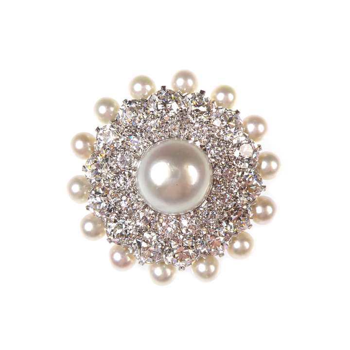 Art Deco natural pearl and diamond cluster brooch-pendant